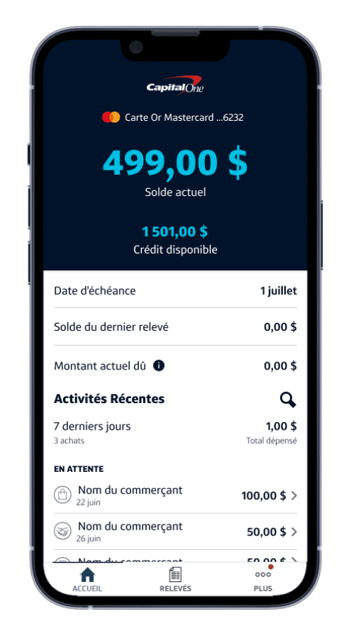 Téléphone mobile montrant l’écran d’accueil de l’appli mobile de Capital One Canada.