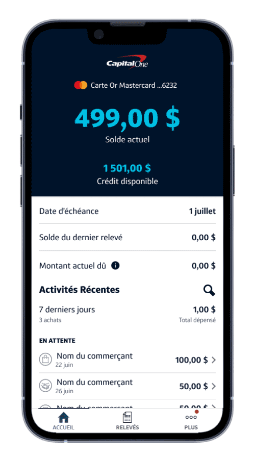 Téléphone mobile montrant l’écran d’accueil de l’appli mobile de Capital One Canada.