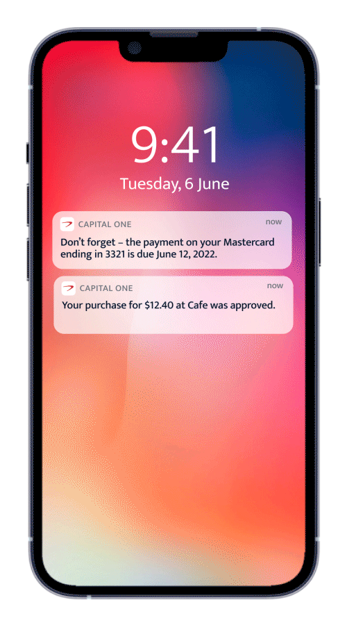 Mobile phone screen showing notifications from Capital One.